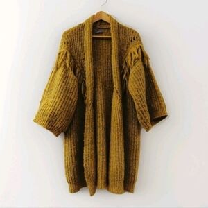 Anthropologie OS Stevie Boho Fringe Marled Knit Mustard Yellow Cardigan Sweater
